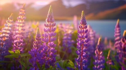 Landscape of blooming lupin flowers on mountains and turquoise lake background at sunset
