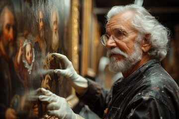 Art restoration workshop meticulously preserving historical paintings, highlighting skill and attention to detail.