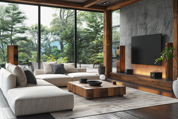 Modern living room with large couch and flat screen TV