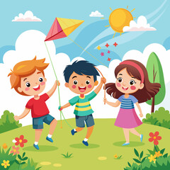 Obraz na płótnie Canvas vector-illustration-of-three-kids-flying-kites-in