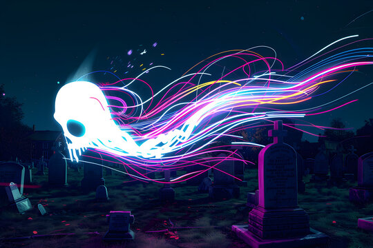 Neon ghost costume flying through graveyard isotated on black background.