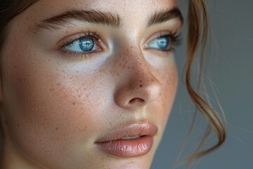 Woman with freckled hair and blue eyes