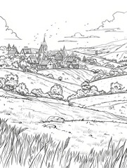 Black and white line art depicting an ancient settlement. Village amidst fields. Beautiful nature. Surrounding environment. Old houses. Lovely historical settlements.