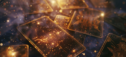 A pile of Tarot cards glows with magical energy, each surrounded by sparkles