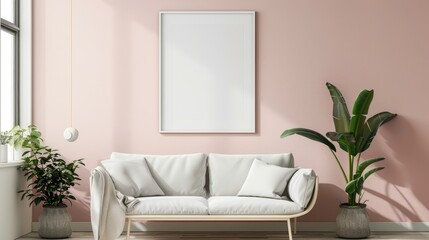 mock poster frame with modern interior background , living room , Scandinavian style , 3D render.