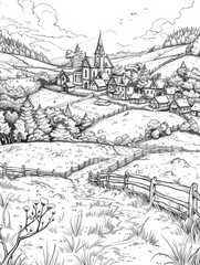 Black and white line art depicting an ancient settlement. Village amidst fields. Beautiful nature. Surrounding environment. Old houses. Lovely historical settlements.