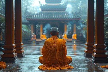 Monk sitting in front of a building - obrazy, fototapety, plakaty