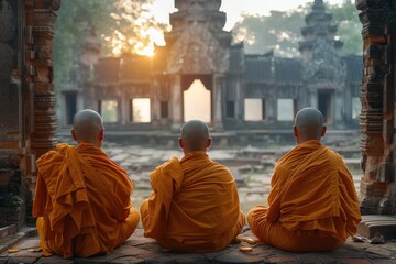 Three monks meditating at temple sunset - obrazy, fototapety, plakaty