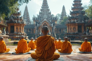 Buddhist monks in meditation and chanting sessions at an ancient temple - obrazy, fototapety, plakaty