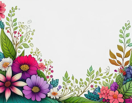 Bright Border of Flowers and Leaves on White Background Illustration AI