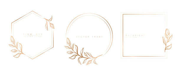 Set of floral frame templates in minimal linear style with hand drawn branches and leaves. Elegant frame. Botanical vector illustration for labels, corporate identity, wedding invitation, logo