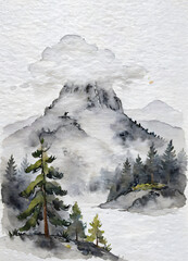 Pine trees and lake in front of the hight mountain. Light watercolor. Generated AI