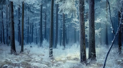 A frost-covered forest in the heart of winter, the trees adorned with icicles, the ground blanketed in snow, the air crisp and clear, capturing the stillness and purity of the season.