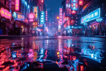 Rainy city night with neon lights