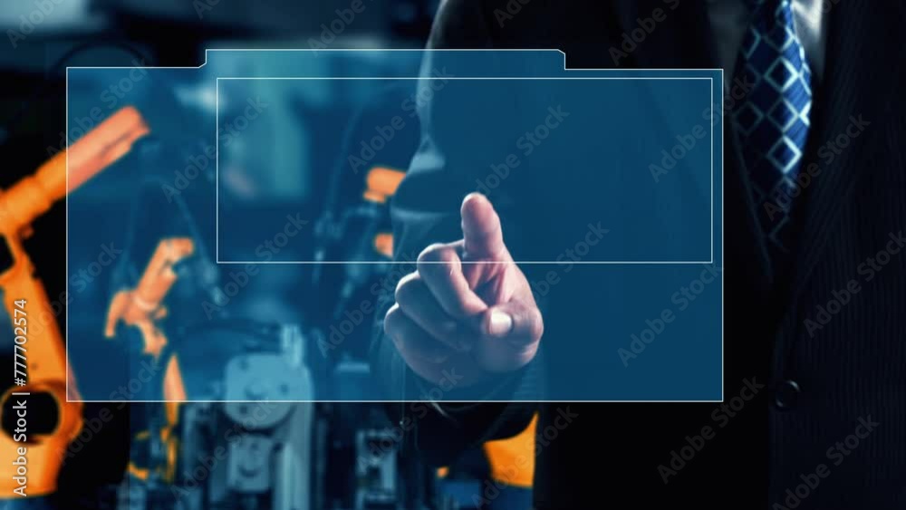 Poster xai engineer use cybernated robotic software to control industry robot arm in factory. automation ma