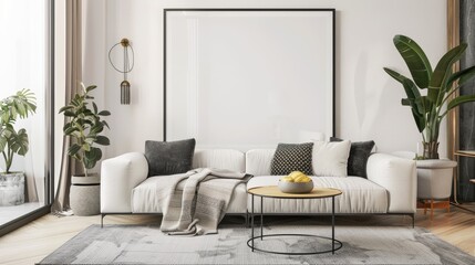 mock poster frame with modern interior background , living room , Scandinavian style , 3D render.