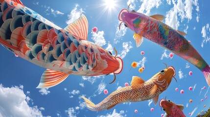 Koi fish hanging on a rope with blue sky and white clouds. Concept of Celebrate Golden Week in Japan or National Koi Day - obrazy, fototapety, plakaty