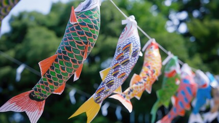 Koi fish hanging on a rope. Concept of Celebrate Golden Week in Japan or National Koi Day