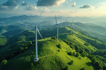 Wind turbines on lush hillside