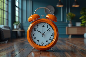 Orange alarm clock on wood floor