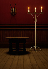 Vintage rustic interior with wooden floor, wooden table, paneling, candlestick and deer skull on the wall. - 777702947