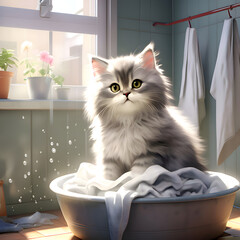 a cute cat doing laundry