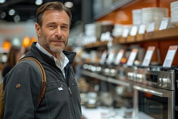 Man standing in front of coffee cup display