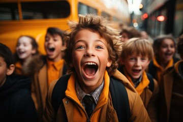 A joyful schoolchild by the school bus: a moment capturing the excitement and anticipation of a young student as they embark on their educational journey. - obrazy, fototapety, plakaty