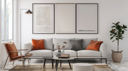 mock poster frame with modern interior background , living room , Scandinavian style , 3D render.