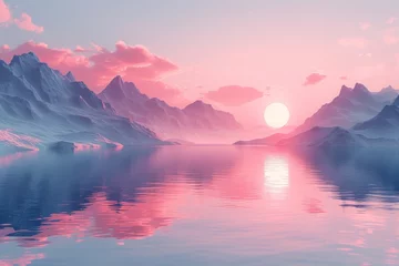 Papier Peint photo autocollant Rose clair 3D illustration of a minimalist geometric landscape with mountains, a lake, and a clear sky, using soft pastel colors for a calming effect