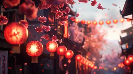 Chinese lanterns and cherry blossom in the streets of the city