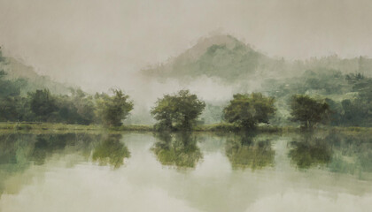 Obraz na płótnie Canvas Traditional, vintage and rustic muted color design art of mist mountain background with river