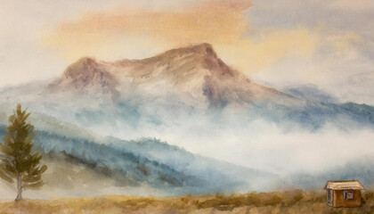Fototapeta premium Traditional, vintage and rustic muted colour design art of mist mountain background with river