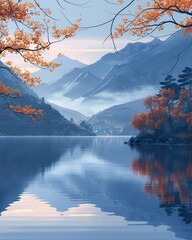 Misty lakeside at dawn, calm water, early morning, tranquil nature. wallpaper, background