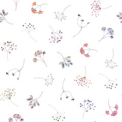 Floral seamless pattern with delicate abstract scattered branches, light watercolor isolated illustration for cover, background, wallpaper or textile.