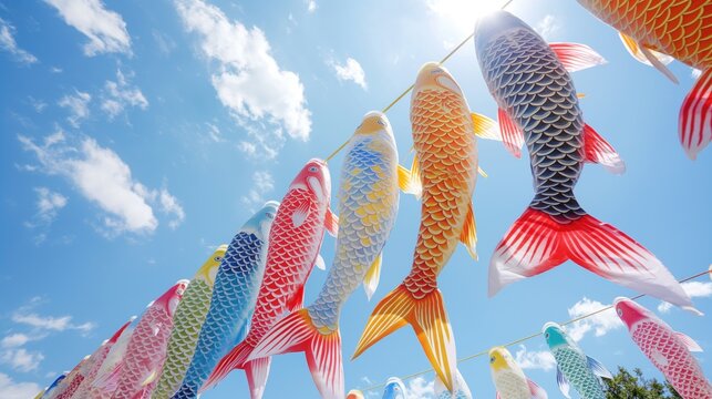 Koi fish hanging on a rope with blue sky and white clouds. Concept of Celebrate Golden Week in Japan or National Koi Day. Children&rsquo;s Day in Japan. Kodomo no Hi
