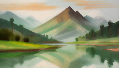 Traditional, vintage and rustic muted colour design art of mist mountain background with river