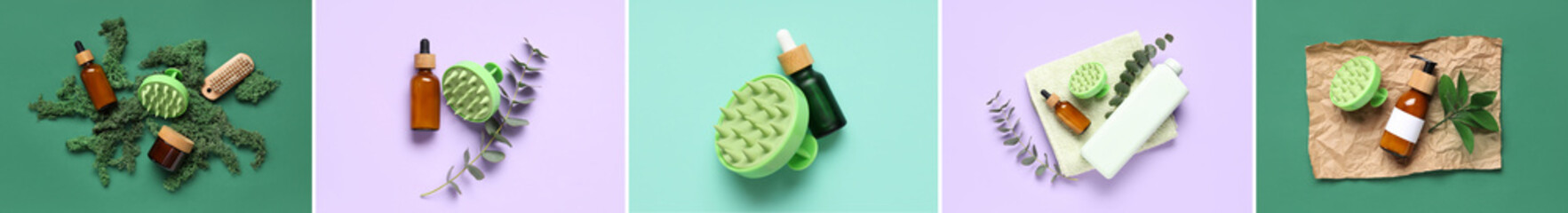 Collage of hair scalp massager with brush, towel and cosmetics on color background, top view