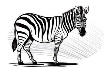 Graphic black and white illustration of a zebra.