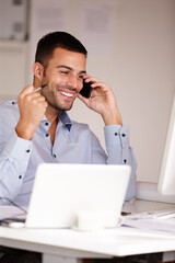 Man, fist and phone call in office for success, computer and business deal negotiation. Male person, smile and app for conversation or talking, internet and connection for online win or promotion