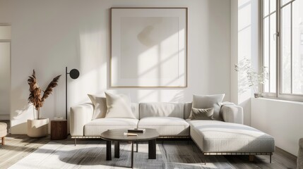 Fototapeta na wymiar mock poster frame with modern interior background , living room , Scandinavian style , 3D render.