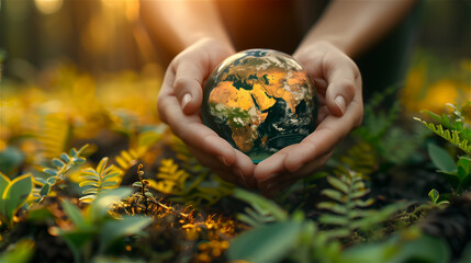 A glass globe in hands, as a symbol of care and concern for our only earth.