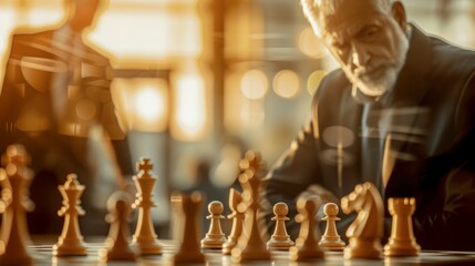 Business strategy is like a game of chess, Group of businessmen thinking about the next move - obrazy, fototapety, plakaty