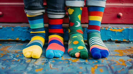 Colorful socks on feet as a symbol of  World Down Syndrome Day - 21 March.