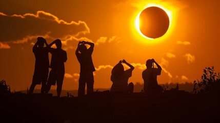 Family watching solar eclipse. Eclipse viewing event and family bonding concept for design and print.