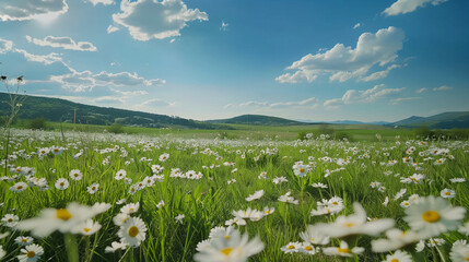 Serene Meadow with White Daisy Flowers Under Sunlit Sky