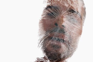 Man, plastic and bag with choking, breath and struggle for breath in white background. Male person,...