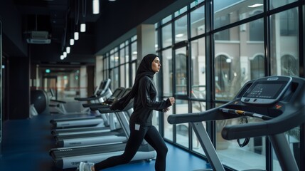 Fototapeta na wymiar A Muslim woman in a hijab wearing a black shirt and a gray scarf runs on a treadmill. Concept of sports for Muslim women