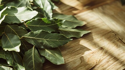 a pile of bay leaves on a wooden kitchen counter - obrazy, fototapety, plakaty