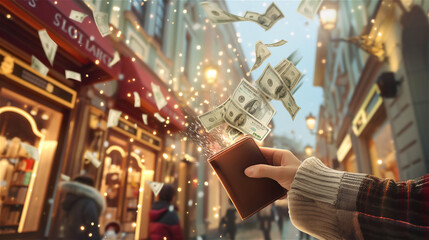 The hand holds a wallet with banknotes escaping from it. The concept of extravagance and spending money on whims or Christmas gifts. - obrazy, fototapety, plakaty